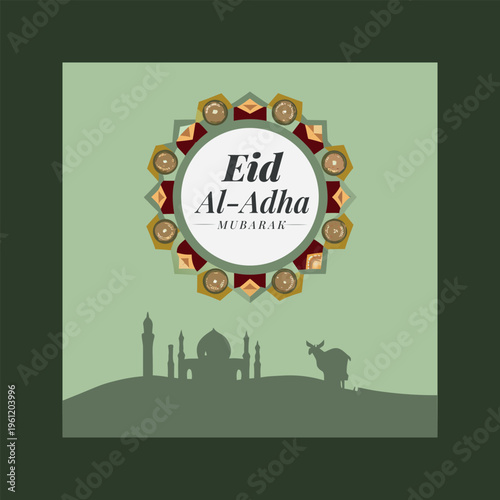 Eid al-adha mubarak greeting card with mosque silhouette