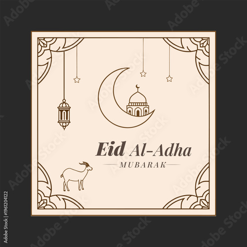 Eid al-adha mubarak festive greeting card with crescent moon and mosque