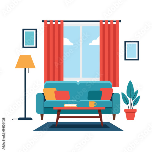 Sofa with colorful pillows and table 1.