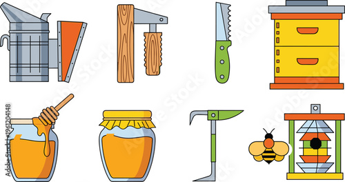 Beekeeping Equipment Vector Icon Set with Honey Jars, Bee Smoker, Wooden Hive, Beehive Tool, Honey Dipper, and Pollinating Bee for Organic Farm Designs