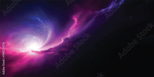 An abstract blue space background features a bright sun and dark clouds amidst a night sky of stars and energy textures