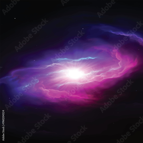 An abstract blue nebula glows within a dark cosmic universe filled with bright stars and distant planets across the vast night sky