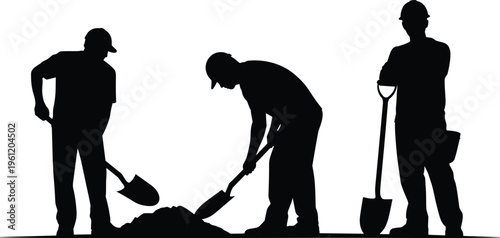 Group of construction worker silhouettes wearing hard hats while digging with shovels and working on a manual labor building site.