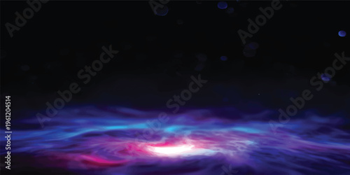 An abstract blue space background features a dark horizon where a bright sun illuminates glowing clouds and stars over a cosmic ocean wave landscape