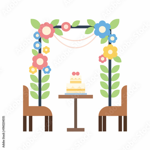 Wedding cake on small table.