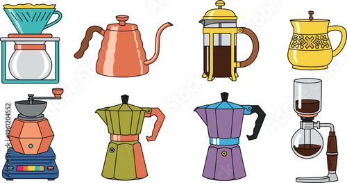 Coffee Brewing Equipment Collection with Pour Over Kettle French Press Moka Pot Espresso Maker and Drip Devices for Barista Cafe and Beverage Preparation Illustration