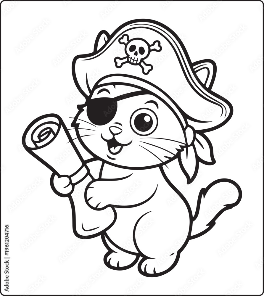 Fototapeta premium Cute pirate cat coloring pages for kids, vector line art illustration for children book design