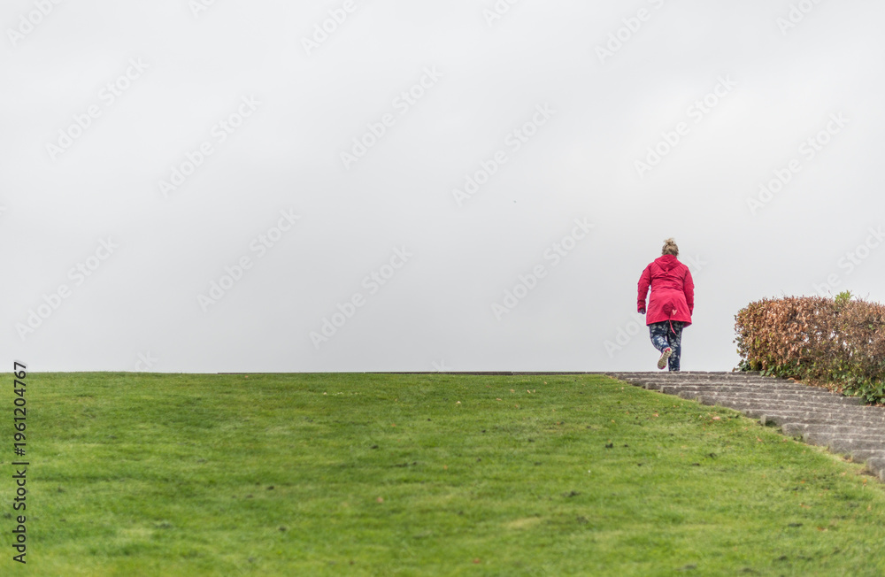 Fototapeta premium Person in red jacket walking up grassy hill under overcast sky symbolizing solitude and journey.