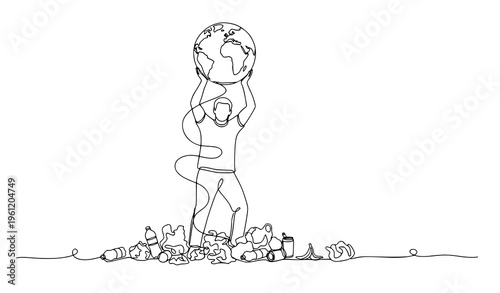 One line drawing man lifting globe with scattered trash environmental protection save planet vector illustration