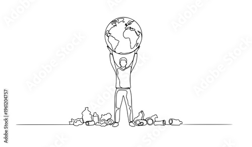 Continuous line drawing man holding globe surrounded by waste save earth environmental awareness vector illustration
