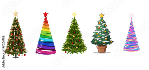 Five differently decorated christmas trees in a row