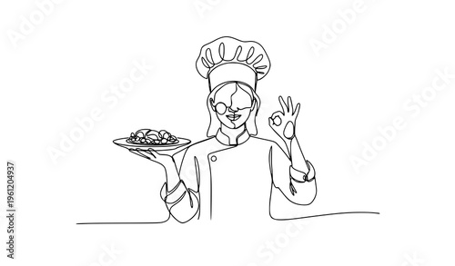 One line drawing female chef serving main dish delicious taste gesture restaurant minimal vector illustration