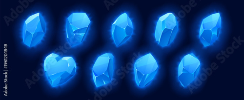 Gem set of crystal formations and diamond shapes for game UI design. Stunning gemstone icons with ice blue glow and magic effects. Cartoon jewels for slot interfaces and treasure gaming assets.