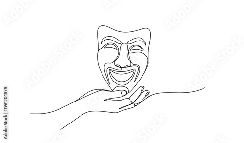 Minimalist continuous line hand presenting theater mask symbol performing arts World Theatre Day vector illustration