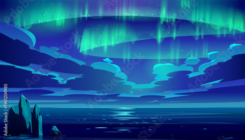 Northern aurora borealis illuminates arctic landscape with magical green lights. Vector illustration of polar night sky over calm sea or ocean with stars and clouds. Nordic winter scenery poster.