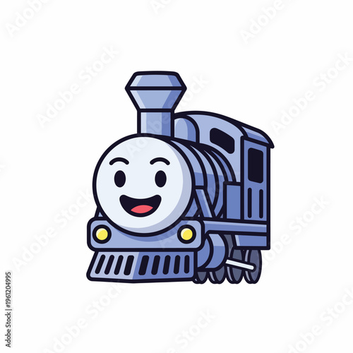 Smiling Cartoon Train Engine Front View.