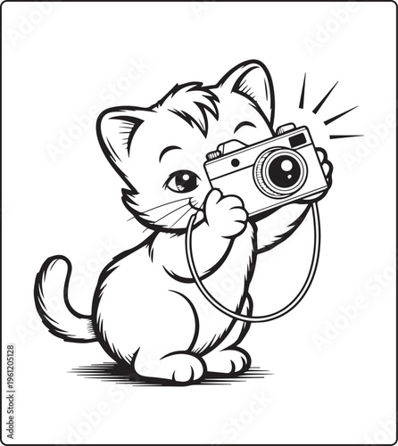 Cute photographer cat taking photo with a camera coloring pages for kids, vector line art illustration for children book design