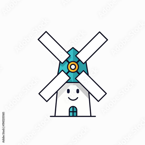 Smiling cartoon windmill with blue roof.