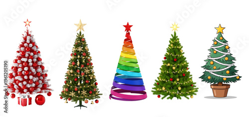 A set of five differently decorated christmas trees