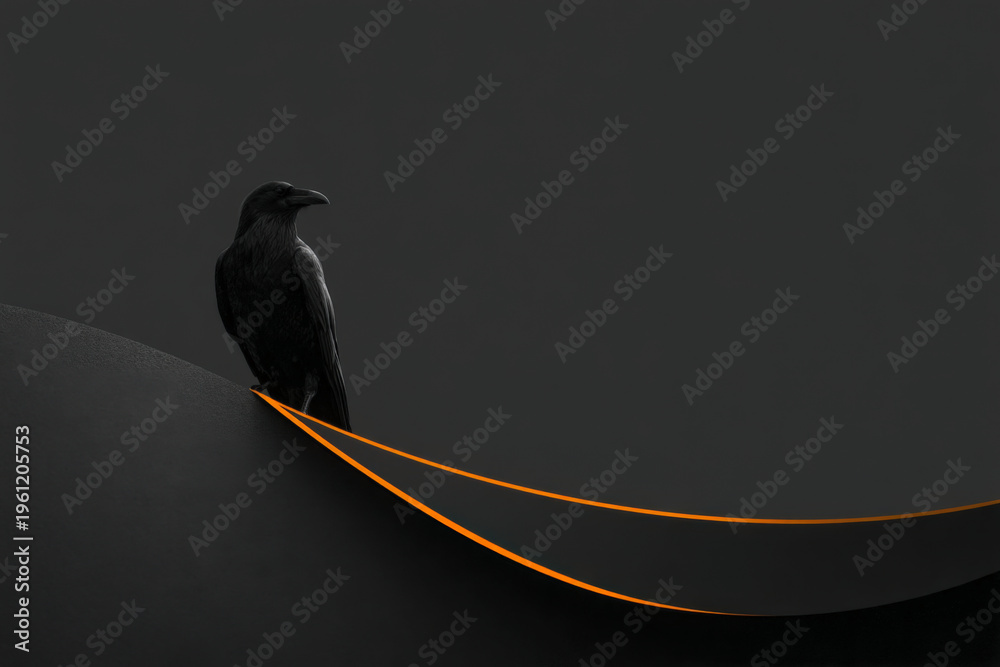 Naklejka premium Minimal Halloween poster with raven silhouette on geometric crescent moon and orange rim light