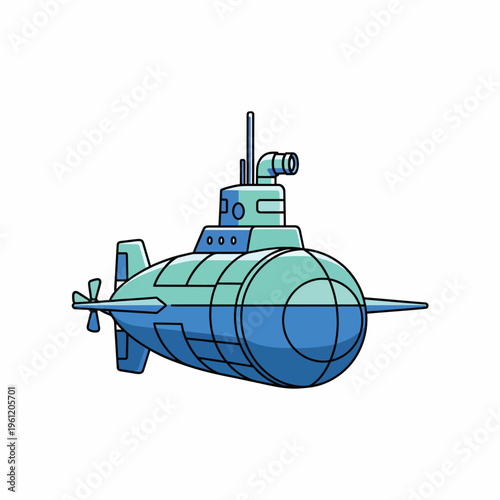 Blue submarine with periscope tower.