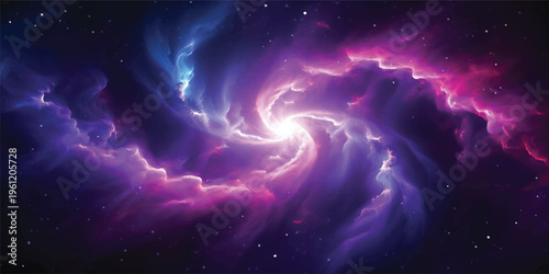 An abstract dark blue night sky backgrounds a spiral galaxy nebula and bright stars within the vast cosmos of the outer universe illustration