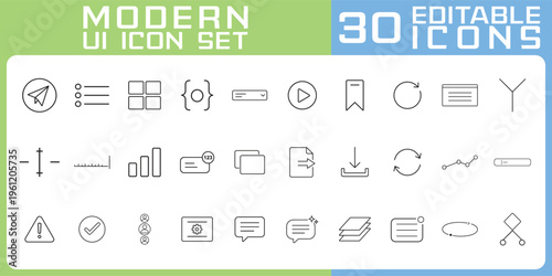 Modern UI icon set with 30 editable outline icons, a minimal black line interface elements collection for web, mobile apps, dashboard, analytics, communication and navigation design use