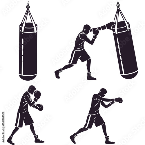 Boxer hitting a punching bag vector icon set. Boxing training pictogram