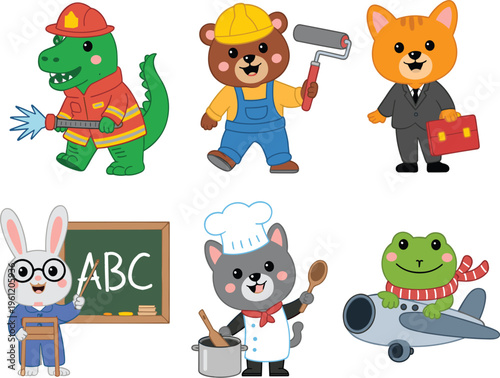 Cute cartoon animal professions collection with firefighter crocodile, builder bear, teacher rabbit, and chef cat vector