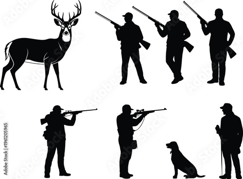 Black Silhouette Collection of Deer Hunting Scenes Featuring Hunters with Rifles Standing and Aiming Buck with Antlers and Loyal Hunting Dog Isolated on White