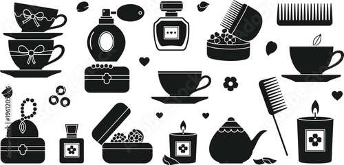 Beauty and Spa Icon Set Featuring Perfume, Candle, Comb, Tea Cup, Cosmetics and Self Care Essentials Silhouette Collection