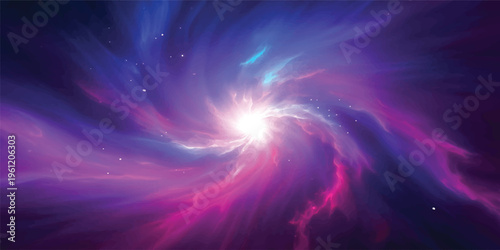 An abstract blue space background features a glowing galaxy pattern with bright stars and radiant light rays creating a motion of energy and fractal art texture for a wallpaper design