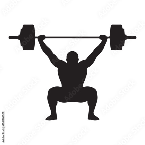 Black silhouette of a weightlifter performing a snatch or overhead squat with the barbell fully extended and knees bent deep vector