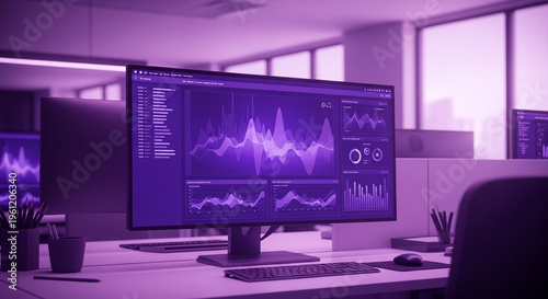 A futuristic office setup displays complex data visualizations on a large computer monitor high-quality professional