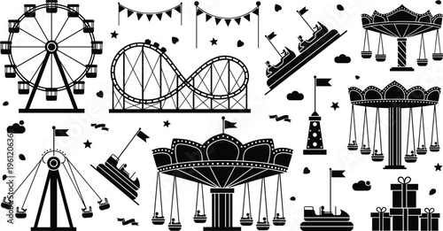 Black and White Amusement Park Ride Icon Set Featuring Ferris Wheel, Roller Coaster, Carousel, and Bumper Cars