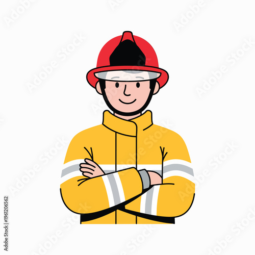 Smiling fireman in yellow uniform standing.