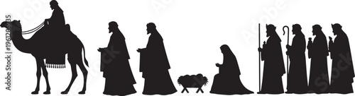 Christmas nativity procession silhouette, flat vector illustration of three wise men, camel, holy family, baby jesus, and shepherds elements