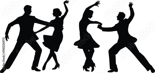 Black silhouette of elegant ballroom dancers performing expressive tango and salsa moves on white background for professional dance school poster and artistic creative design.