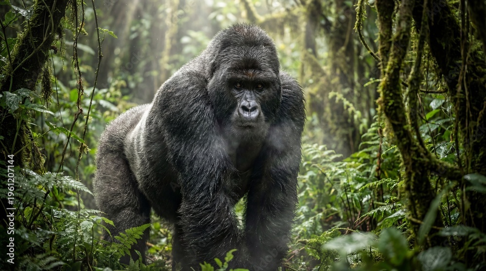 Fototapeta premium A majestic silverback gorilla stands in a lush, verdant rainforest, looking directly at the viewer.