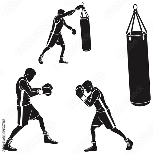 Boxer hitting a punching bag vector icon set. Boxing training pictogram