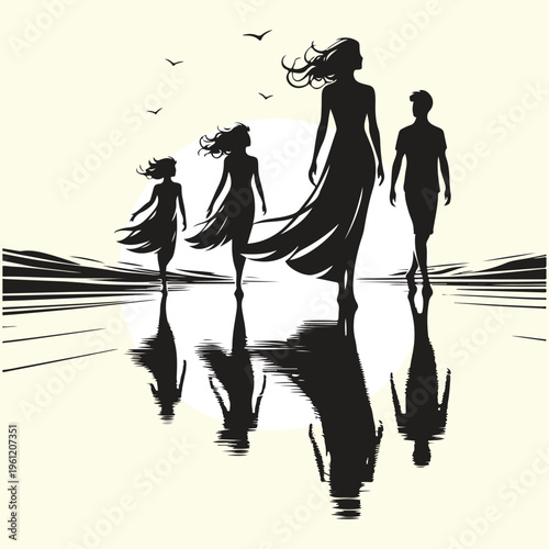 Family Walking on Beach Sunset Silhouette