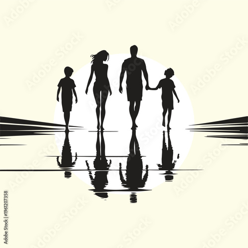 Family Walking on Beach Sunset Silhouette