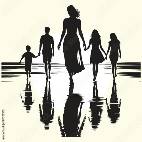 Family Walking on Beach Sunset Silhouette