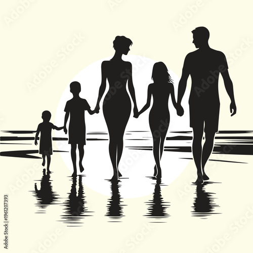 Family Walking on Beach Sunset Silhouette
