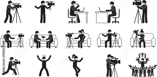 Collection of black and white stick figure icons, video production, broadcasting, filming, interviews, media communication activities, creative teamwork, flat vector illustration