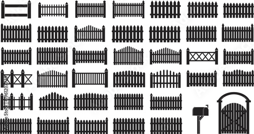 Collection of wooden fence silhouettes with gates, picket styles, garden barriers, isolated set for design use, flat vector illustration