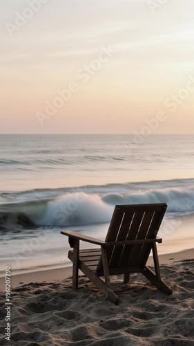 Beach chair placed by a serene sea with soft wave movement during sunrise for peacefulness