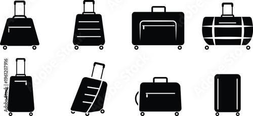 Travel suitcase silhouette set, Rolling luggage bag icon collection, Airport baggage trolley suitcase pack