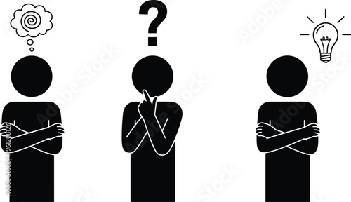 Confusion to questioning to idea, human thought process, problem solving evolution, insight realization concept, psychology learning stages, flat vector illustration