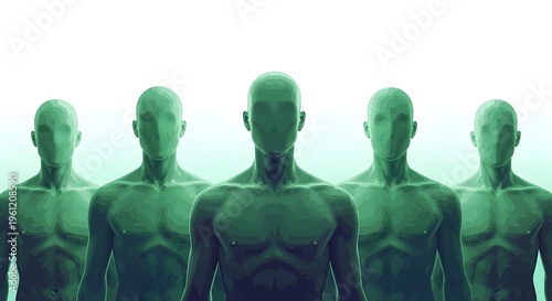 Five green humanoid figures standing in a row